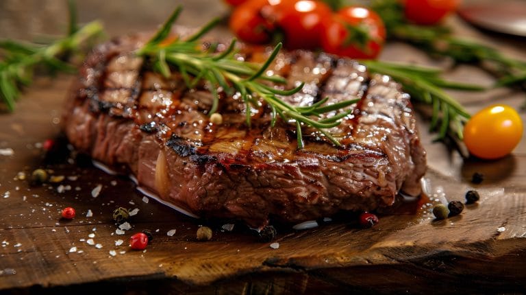 Fresh juicy delicious beef steak on a dark background. Meat dish with spices and herbs. AI Generated